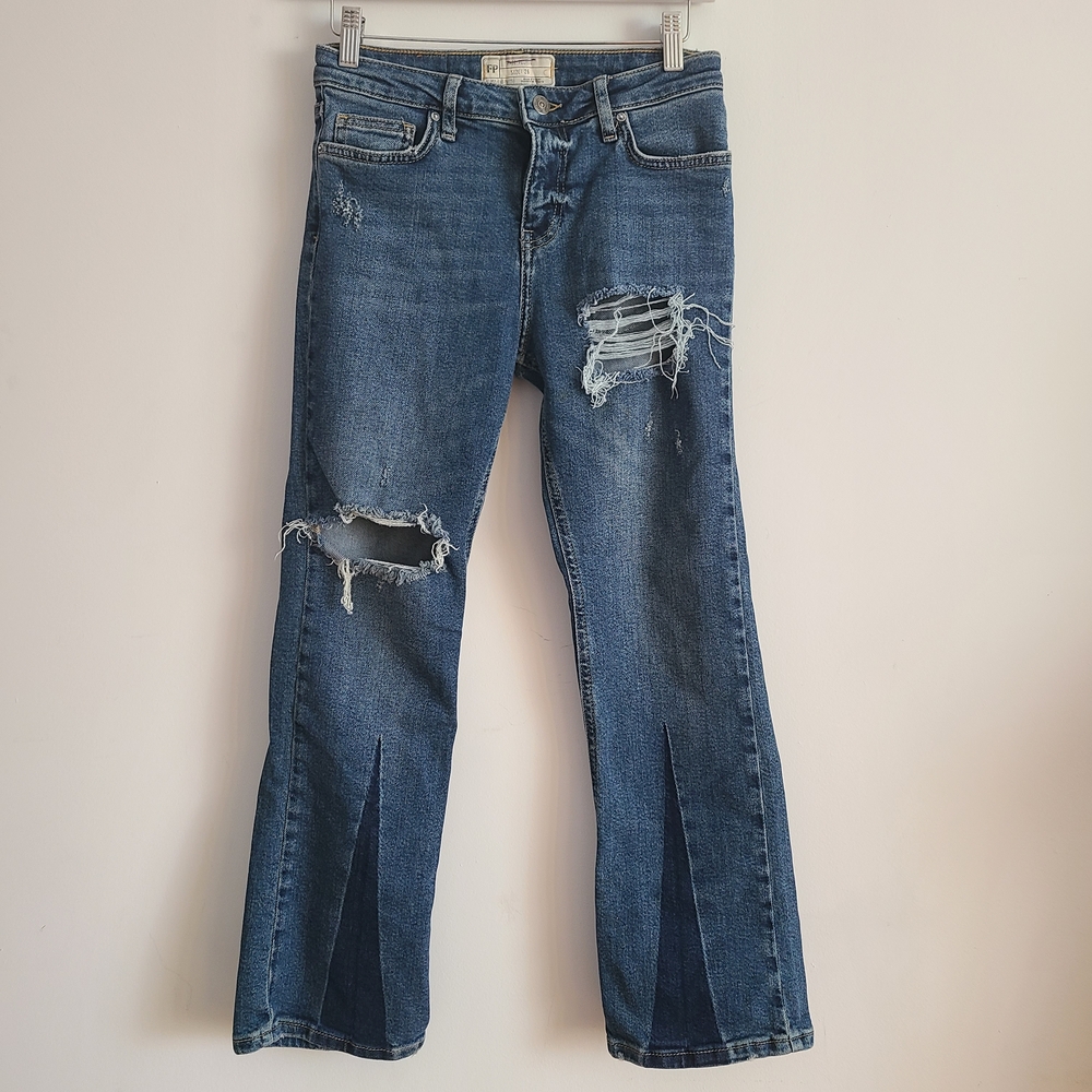 Free People Dark Blue Flare Jeans with Distressed Details Size 26